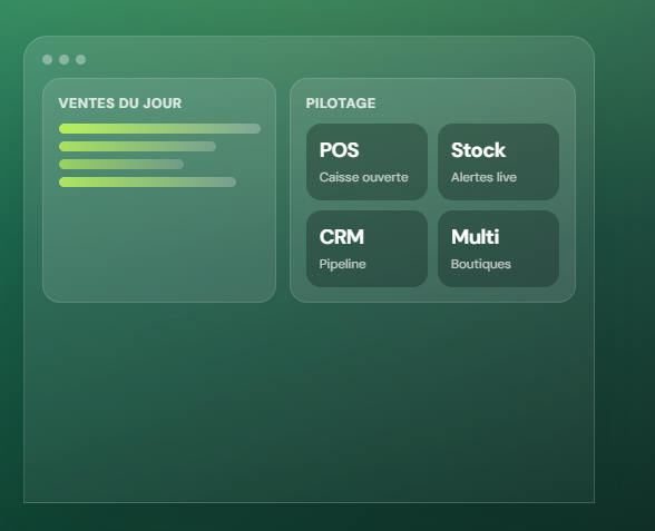 Tableau de bord GreenPOS — ventes du jour, POS, stock, CRM et multi-boutiques